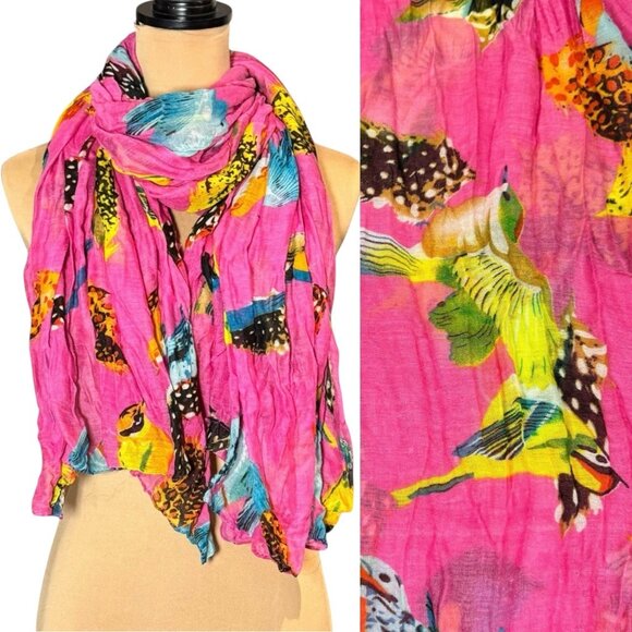 Large Printed Scarf Wrap Pink Bird Print Feather Dopamine Maximalist 68”x 30” - Picture 1 of 11